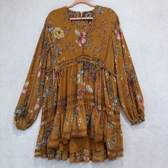 Free People Blouse Womens Large Multicolor Floral Tiered Long Sleeve Tunic Boho - Picture 1 of 10